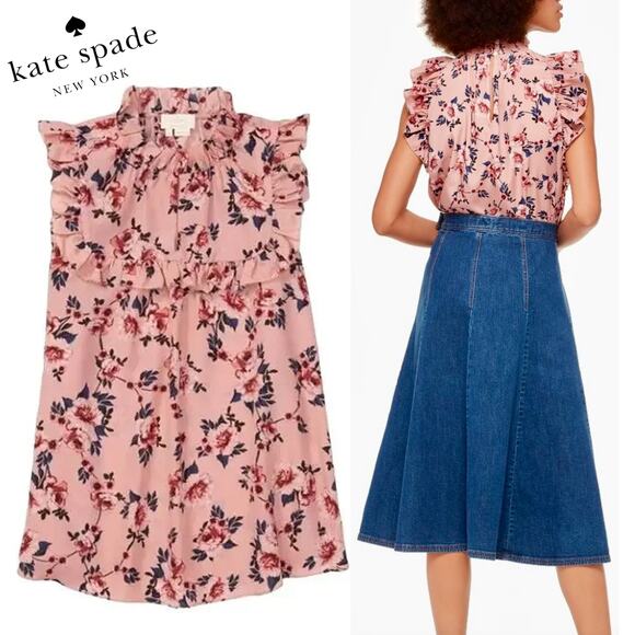$248 KATE SPADE NWT Pink & Navy Blue Floral Ruffle Blouse Top – Small - Picture 1 of 13